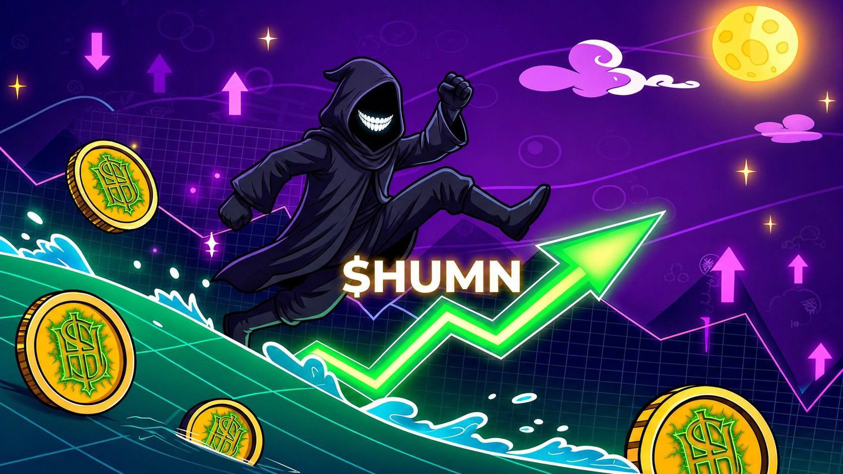 $HUMN figure surfing a green uptrend arrow with gold coins