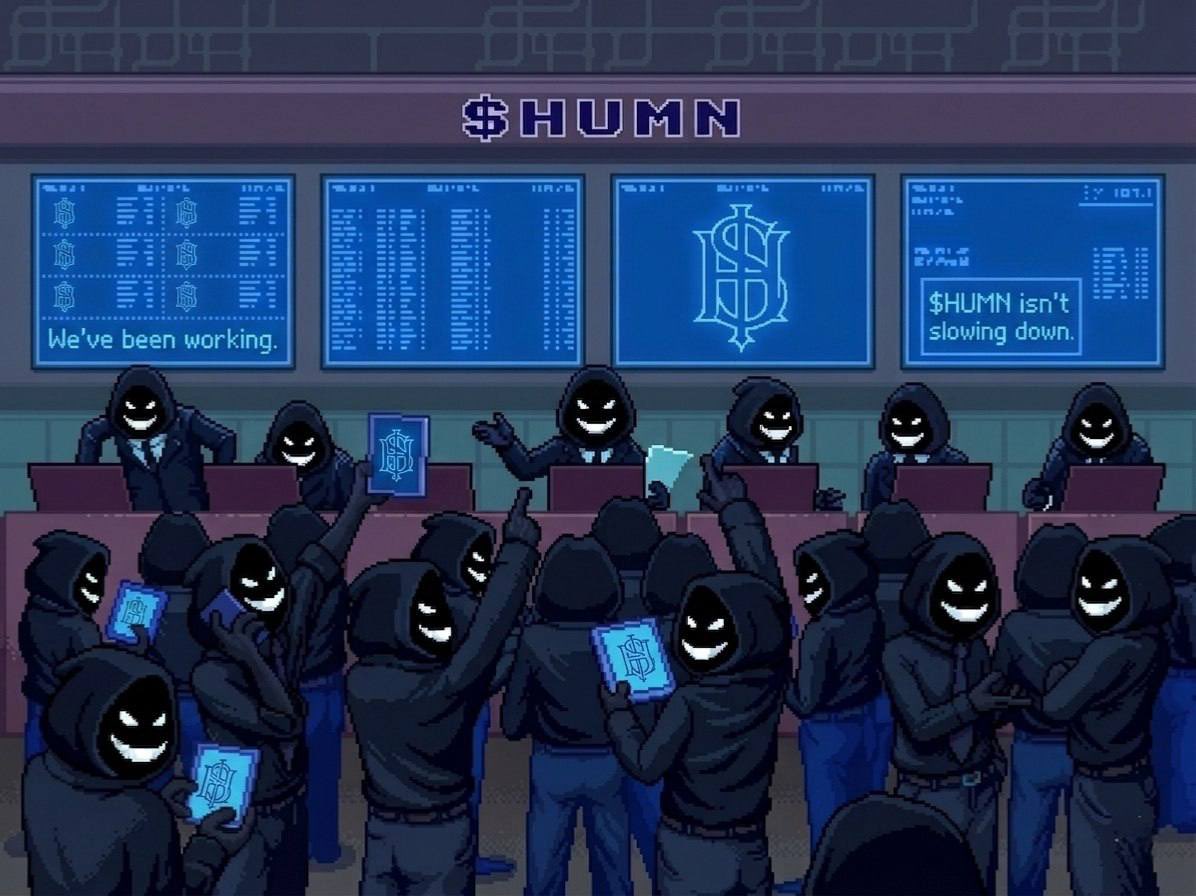 Pixel-art $HUMN trading floor with hooded traders