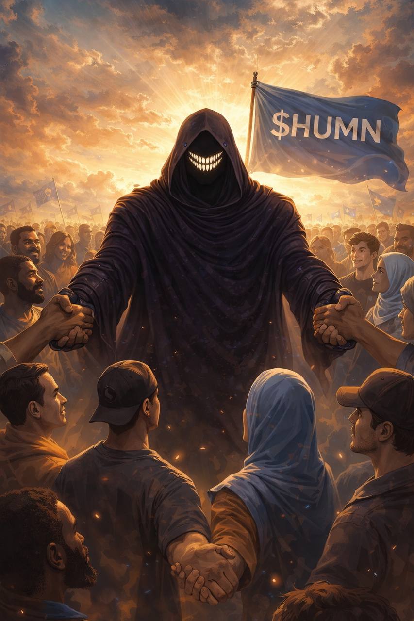 $HUMN figure uniting a diverse crowd under a $HUMN flag