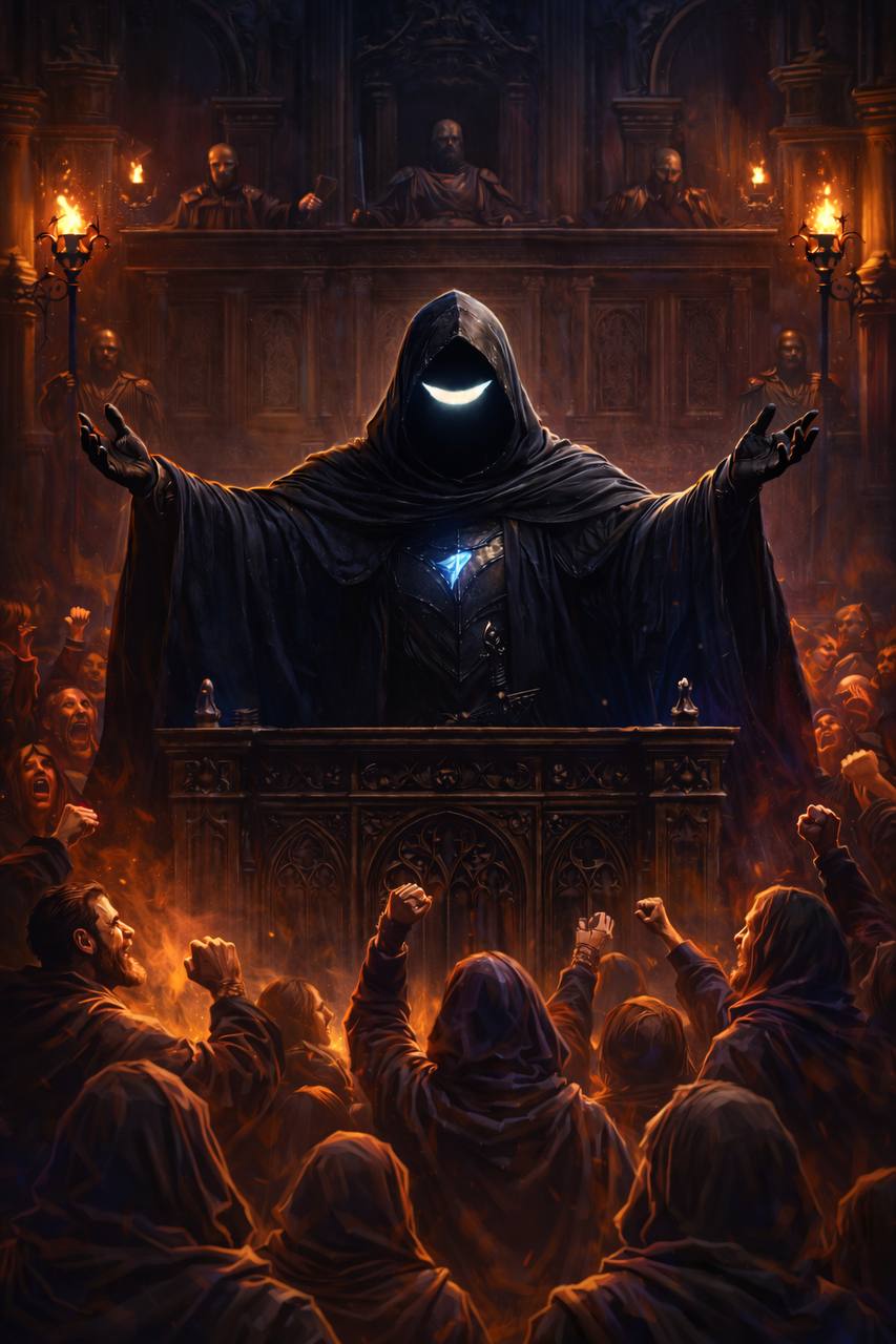 $HUMN figure with arms outstretched before a torchlit assembly