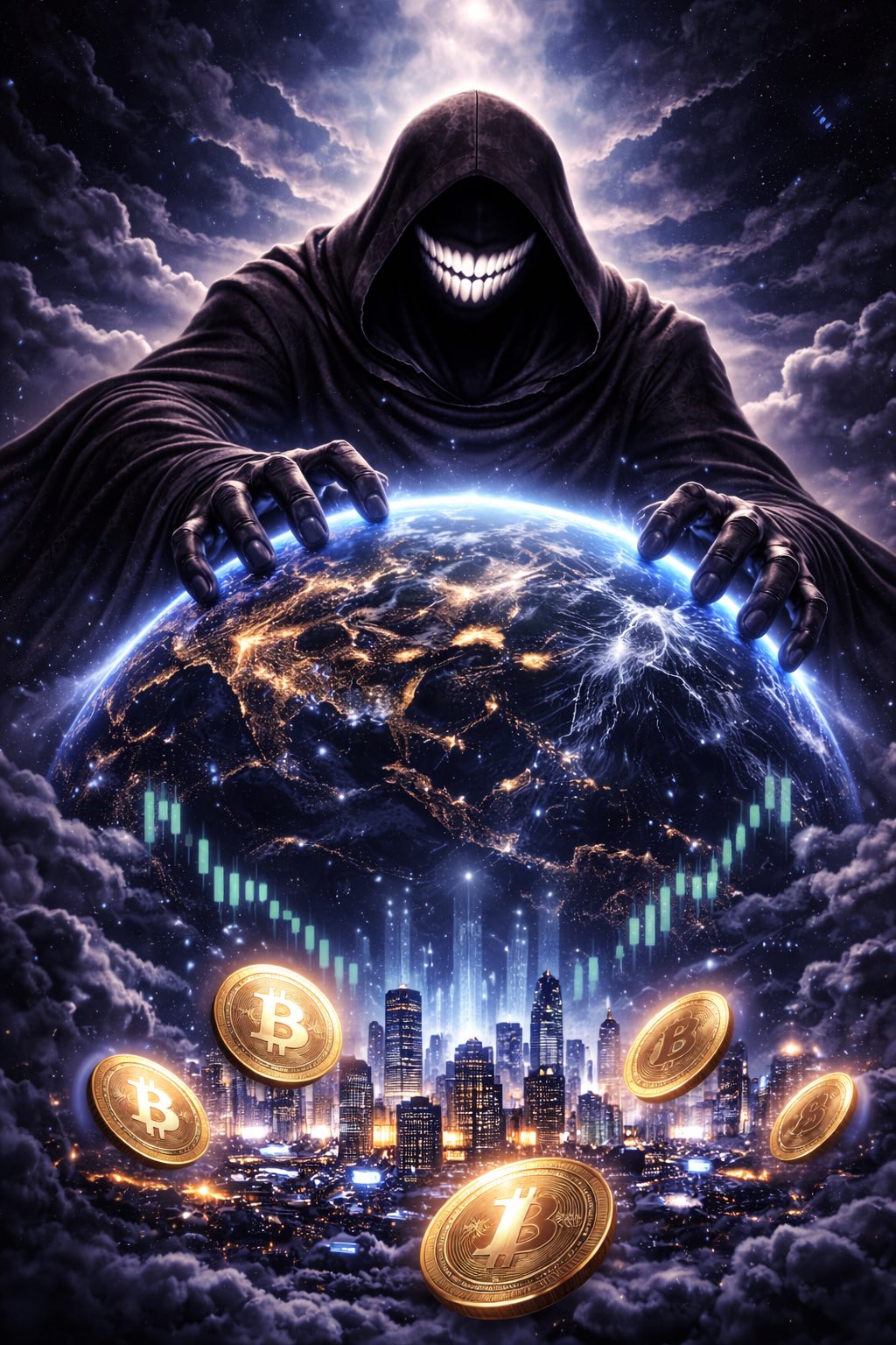 $HUMN cosmic figure cradling Earth above a glowing skyline
