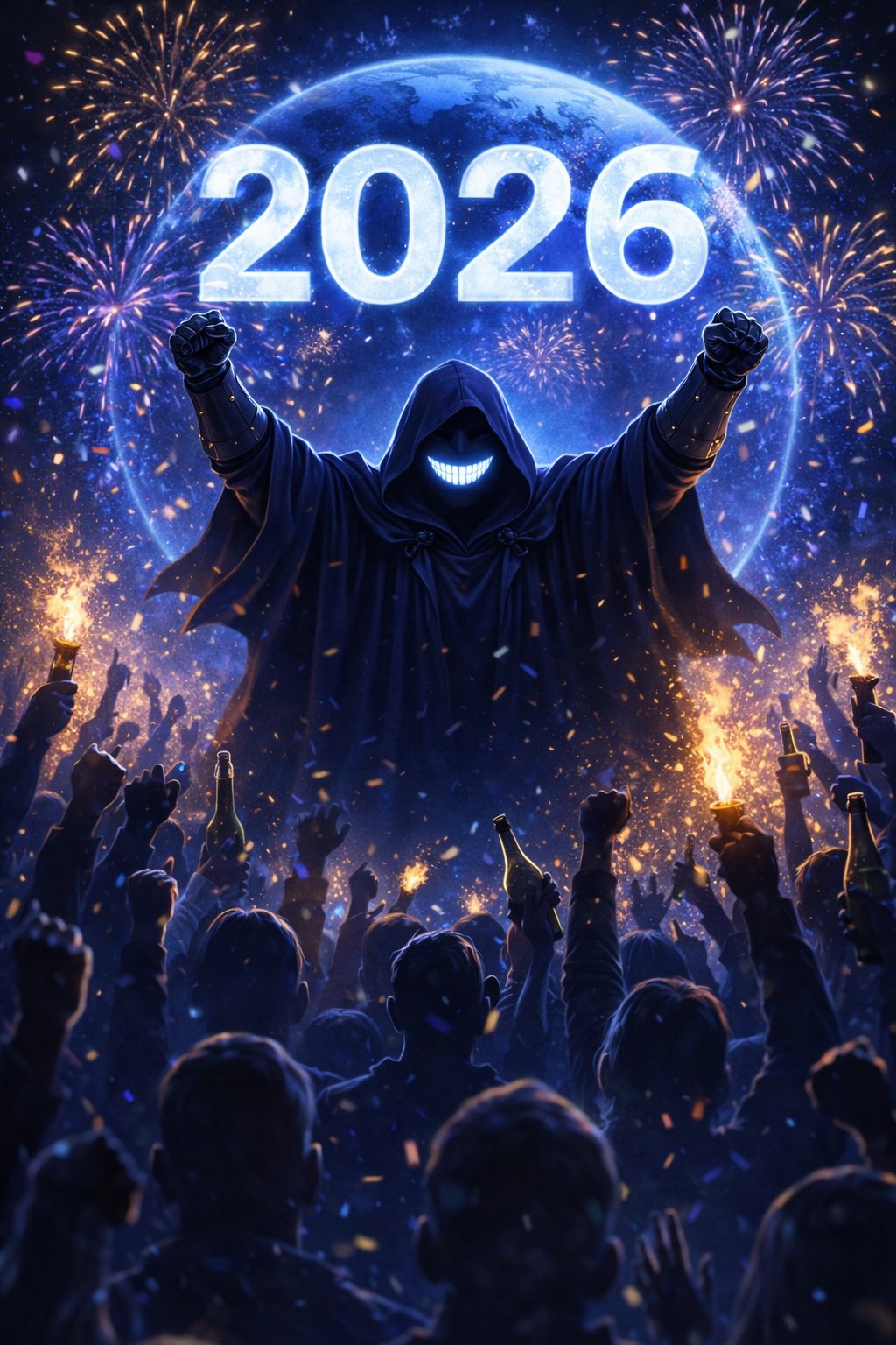 $HUMN celebrating 2026 with fireworks and a cheering crowd